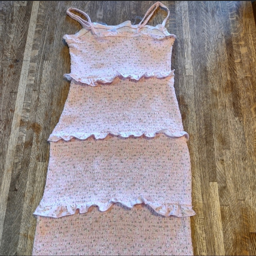 No Boundaries, pink, floral, rouched, smocked, bodycon midi dress, XS